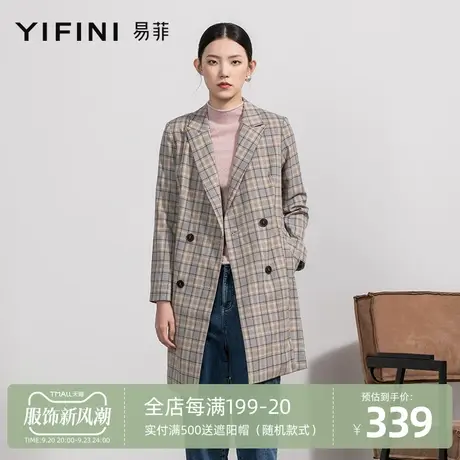 Yifini/易菲宽松双排扣通勤格纹中长款西装外套女春秋新款图片