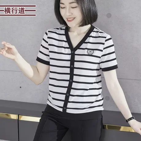 2023夏季新款简约休闲撞色V领绣花条纹宽松短袖T恤女上衣大码外穿图片