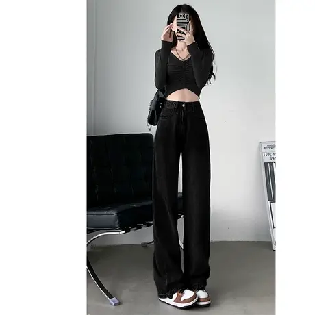 黑色直筒牛仔裤裤子春秋女高级感小个子宽松阔腿裤高腰显瘦拖地裤图片