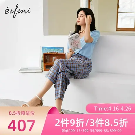 【商场同款】伊芙丽2022年夏季新款气质时尚设计感格纹休闲裤图片