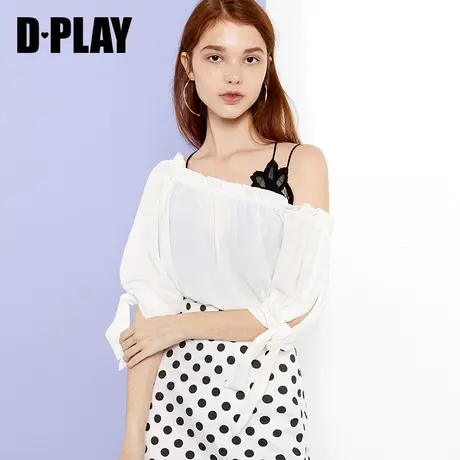 DPLAY德帕拉秋新品欧美白色一字肩抽褶中袖木耳边薄款小衫女图片