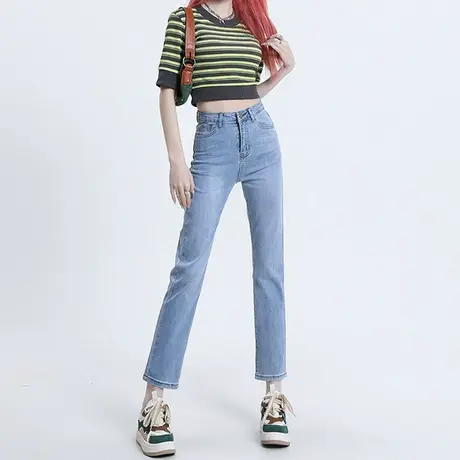 浅蓝弹力直筒牛仔裤女2023年夏季新款修身高腰显瘦百搭九分烟管裤图片