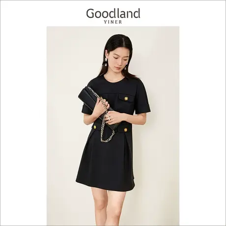 音儿美地女装2022夏季新款复古赫本风圆领假口袋连衣裙图片