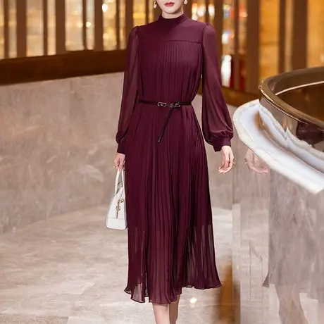喜婆婆婚宴装2025新款洋气气质高端长袖立领中长款酒红色连衣裙女图片