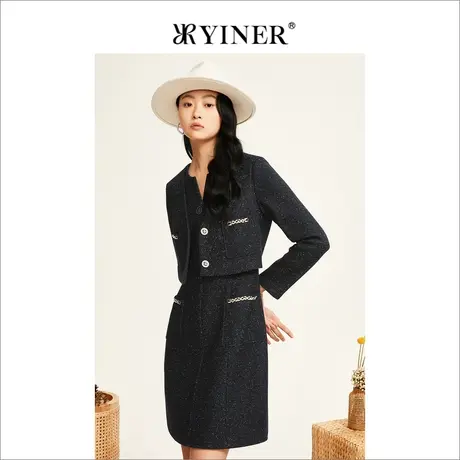 YINER音儿女装冬季亮片设计感假两件羊毛闪丝连衣裙图片