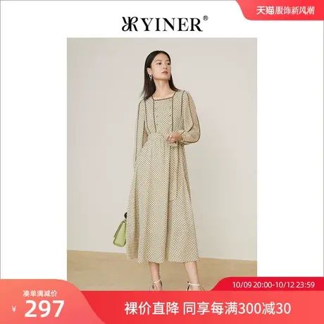 品质-YINER音儿专柜女装2022春季新款珍珠纱波点印花方领连衣裙图片