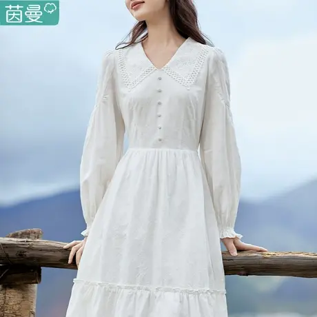 茵曼法式休闲长袖连衣裙女2024年春季新款V领收腰纯棉白色长裙子图片