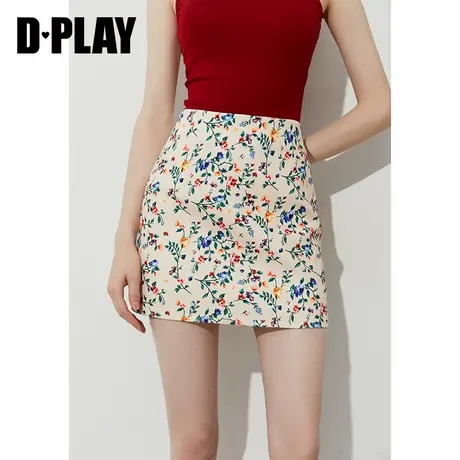 DPLAY【度假系列】2025年夏季新款黄色印花半身裙高腰气质A字裙图片