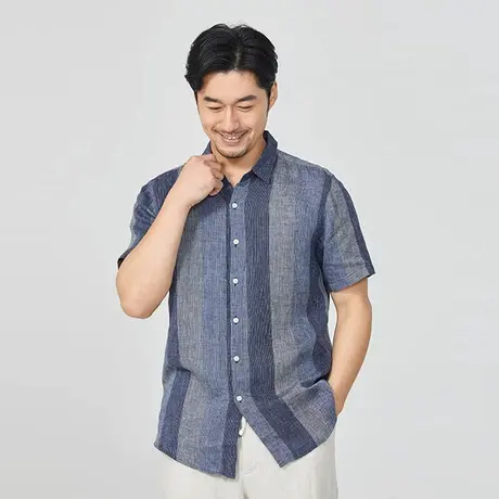 亚麻衬衫男宽松短袖休闲夏季薄款上衣外套男装复古条纹棉麻衬衣潮商品大图