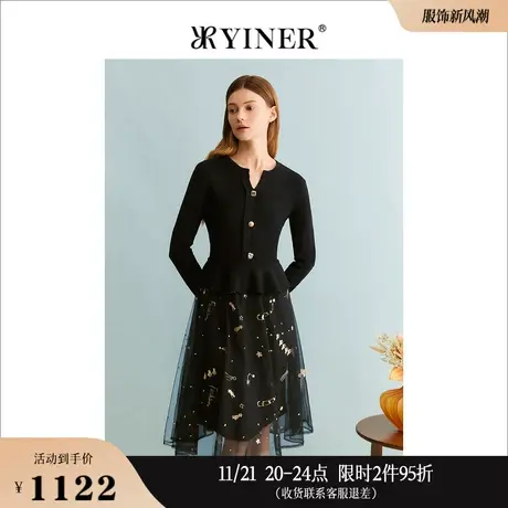 YINER音儿专选秋季法式优雅假两件网纱华丽刺绣拼接收腰连衣裙图片