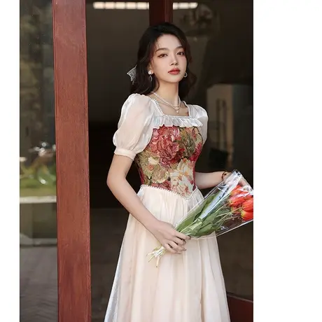 法式敬酒服新娘夏季领证登记小礼服订婚连衣裙聚会复古拼接香槟色图片
