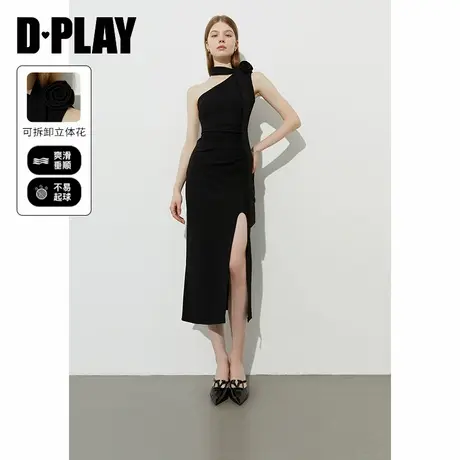 DPLAY2025年夏季新款黑色连衣裙女气质优雅修身法式开叉礼服裙子图片