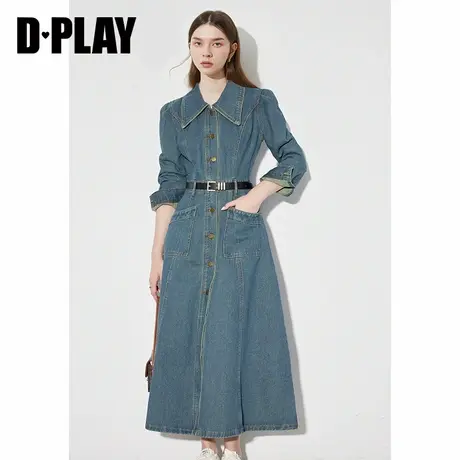 DPLAY2025秋季新款法式气质复古蓝色连衣裙女洋气长款牛仔裙子图片