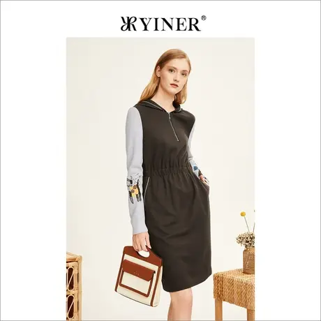 YINER音儿冬季女装印花假两件连帽纯羊毛咖色连衣裙图片