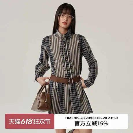 omont蛋挞家复古格子拼接衬衫裙2025春季立领慵懒叠穿长袖连衣裙图片