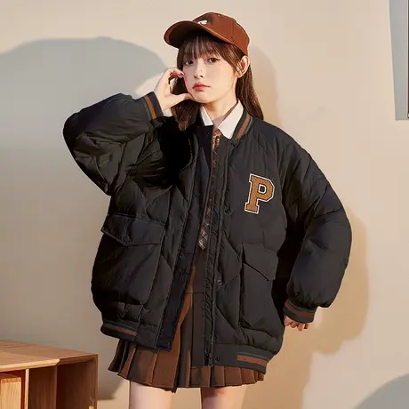 唐狮羽绒服女短款冬装新款轻薄棒球领字母图案学院风冬季外套图片