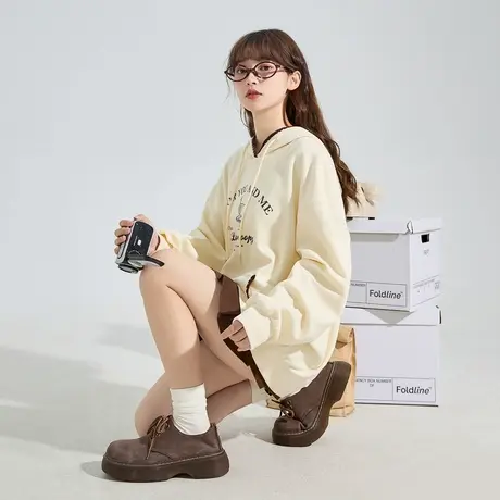 [史努比联名款]唐狮连帽卫衣女春秋新款织带拼接落肩卫衣运动休闲图片