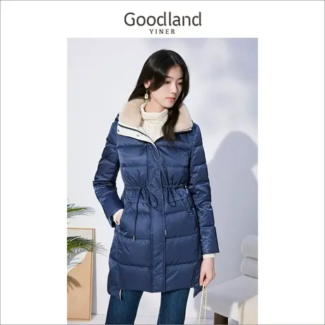 Goodland美地女装冬季保暖防风兔毛领轻薄白鸭绒羽绒服图片