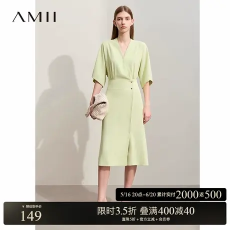 Amii2025夏新款优雅通勤V领连袖法式连衣裙女收褶收腰小黑裙子图片