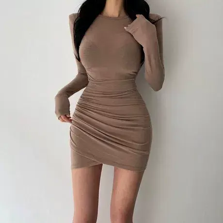 韩国女装2021秋季新款紧身褶皱长袖连衣裙修身显瘦性感包臀短裙潮图片