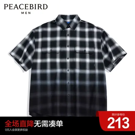 【断码钜惠】太平鸟男装格纹渐变衬衣夏季外穿式宽松翻领短袖衬衫图片