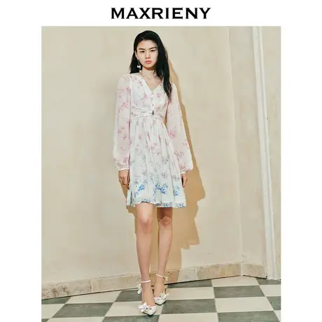 MAXRIENY仙美氛围感渐变晕染玉兰连衣裙高级气质感女装修身显瘦图片
