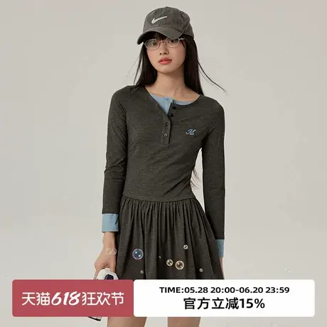 omont蛋挞家 复古假两件针织长袖连衣裙2025春季灰色收腰显瘦短裙图片