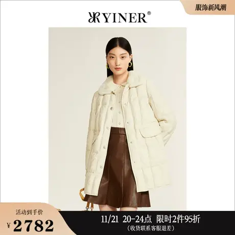 YINER音儿专选女装冬季优雅中长款保暖獭兔毛领真皮羽绒服图片