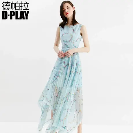 DPLAY德帕拉夏新湖蓝色无袖高腰不规则蕾丝拼接印花百褶裙图片