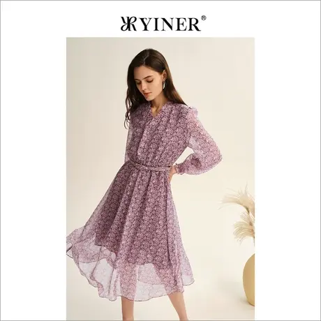 YINER音儿女装2022秋季新款法式碎花雪纺连衣裙图片