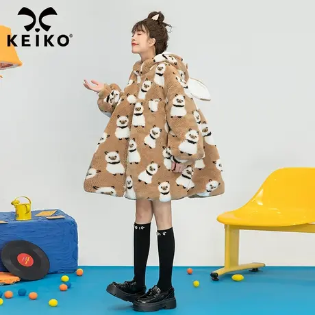 可爱羊驼提花羊羔毛大衣女2023冬季夹棉加厚毛毛绒连帽外套棉服图片
