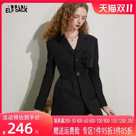 妖精的口袋黑色长款西装外套女2023秋季新款气质设计感小西服外套图片