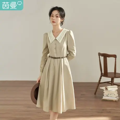 【商场同款】茵曼2023春女装新款撞色提花翻领小灯笼长袖连衣裙图片