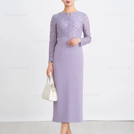 紫色蕾丝连衣裙女2025春季新款时尚气质端庄修身显瘦拼接直筒裙子图片