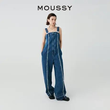 MOUSSY 夏季新品设计感毛边中线直筒牛仔背带裤010HSA11-0400图片
