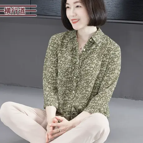 2024春季新款韩版甜美翻领碎花纽扣宽松中袖雪纺衫蝴蝶结女装大码图片