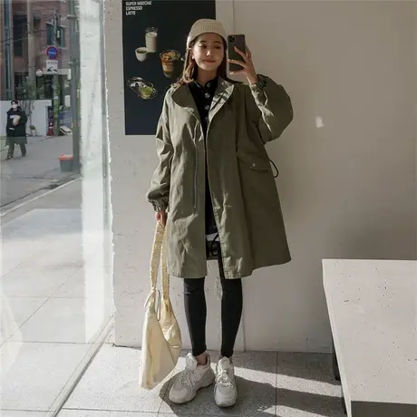 早秋新款风衣女抽绳中长款春秋韩版宽松大码慵懒风休闲工装外套潮图片