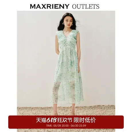 【奥莱】MAXRIENY浪漫度假风印花连衣裙仙美悠闲v领茶歇裙图片