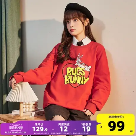 [兔八哥联名]唐狮2023春季新款女卫衣圆领时尚宽松复古潮流感上衣图片