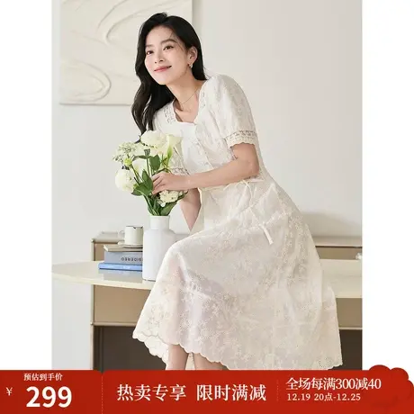 茵曼2023夏季女装新款法式通勤方领蕾丝刺绣花边收腰泡泡袖连衣裙图片
