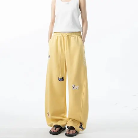 卡通小狗贴布绣直筒阔腿运动卫裤女夏季垂感宽松显瘦弯刀休闲裤图片