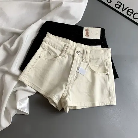 爱心烫钻皮牌高腰牛仔短裤女美式辣妹弹力紧身包臀阔腿A字热裤潮图片