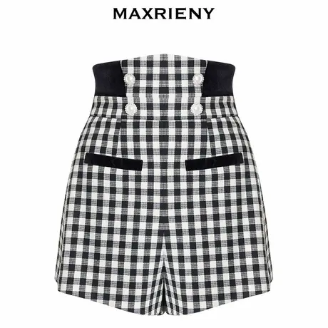 【奥莱】MAXRIENY黑白格纹高腰短裤装收腰显瘦a字休闲热裤图片