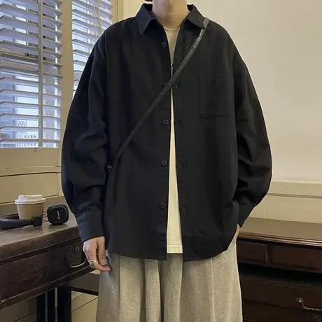 长袖黑衬衫男高级感休闲垂感白衬衣宽松大码男士西装春夏薄款内搭图片