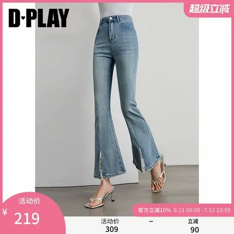 DPLAY2025年夏季新款蓝色牛仔裤女拼接蕾丝花边长款喇叭裤子长裤图片