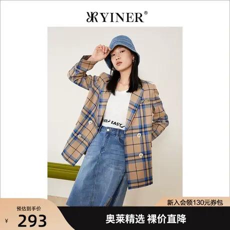 YINER音儿女装2021秋季新款时尚格纹西装领短外套图片