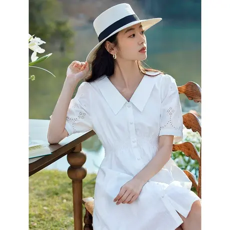 茵曼时尚通勤连衣裙2023夏季女装新款纯棉舒适收腰V领泡泡袖裙子图片