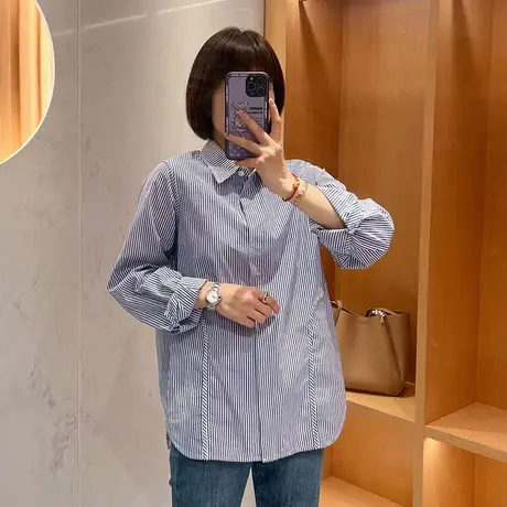 蓝色条纹衬衫女秋季新款设计感小众小个子衬衣法式别致长袖上衣潮图片