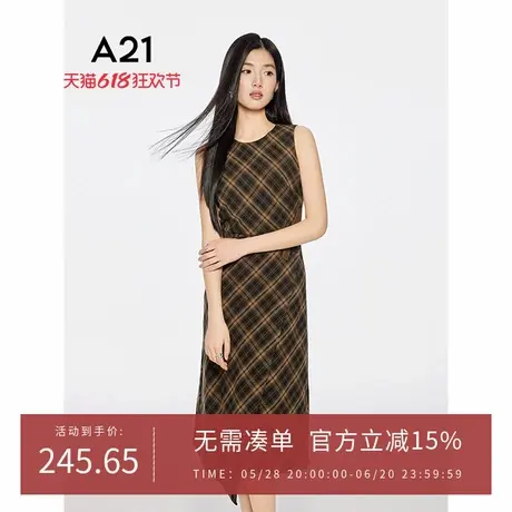 A21女装格子圆领高腰无袖连衣裙2025夏季新款ins风长裙修身A字裙图片