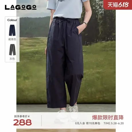 LAGOGO灰色纯棉高腰阔腿裤女拉谷谷2025年夏季新款休闲宽松裤子图片